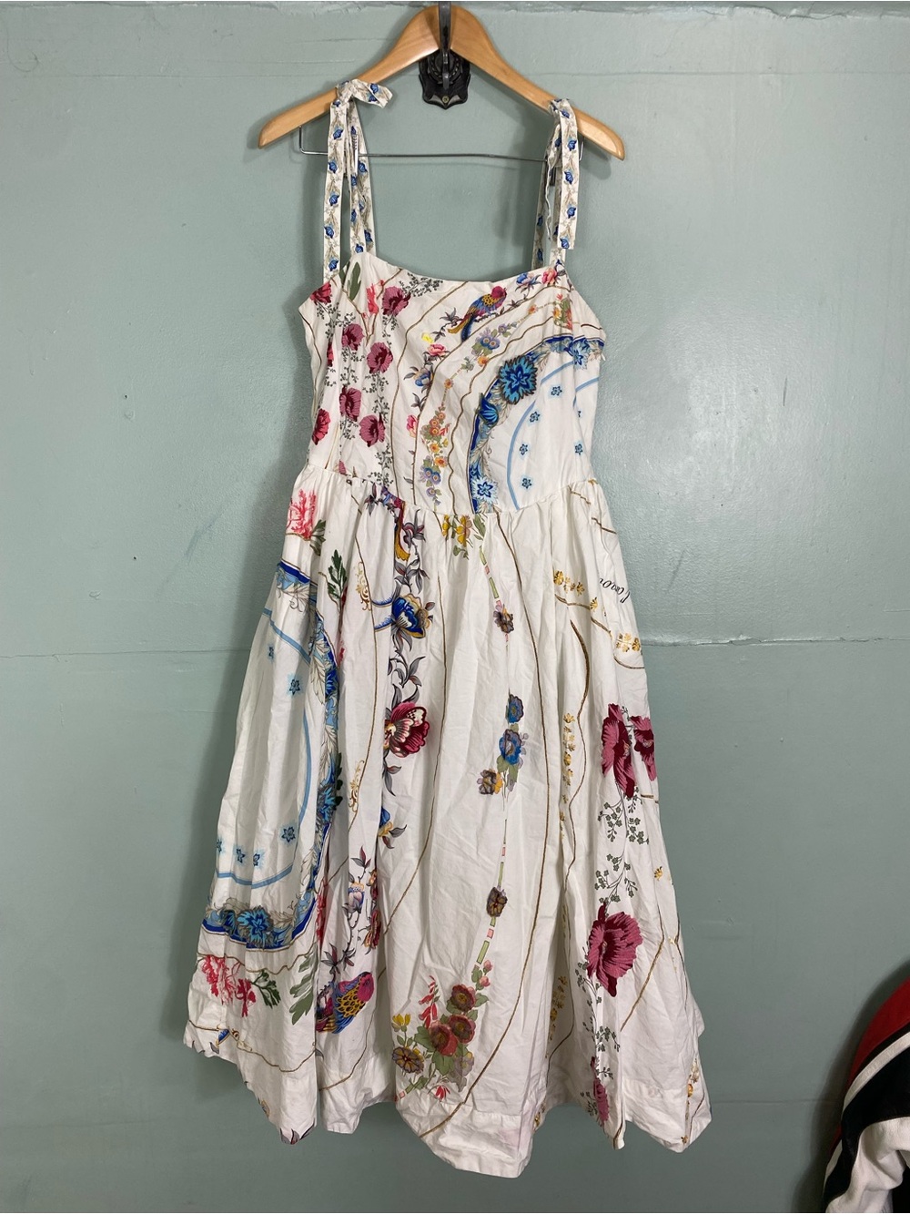 Anthropologie Tie Strap Printed Midi Dress Floral Sundress Birds Large - Picture 2 of 13